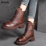 Leather Shoes Women Boots Zip Round Toe Flat With Handmade Concise Leisure Sewing Platform
