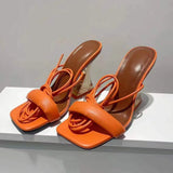 Women's Transparent Orange High Heels Sandals Square Toe Ankle Strap Female Pumps Shoes Size 36-43 Sandalias