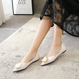 Shoes Women Pointed Toe Soft leather Black Beige Lady Fashion Flats Round buckle Flat Sole Large Size 42