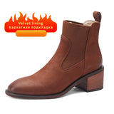 Ankle Boots Women Cow Leather Block High Heels Brown Black Chelsea Genuine Leather Short Boot Elegent Bootie Goth