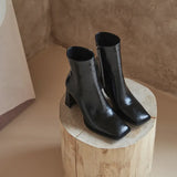 Shoes Split Leather Zipper Square Toe High Heels Women Ankle Boots Korea Style Simple Boots Office Ladies Elegant