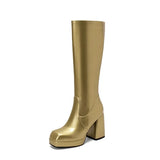 Gold Knee High Boots Women 2023 Four Seasons 10cm Chunky Heels Shoes Square Toes Long Booties Big Size 48 Botas