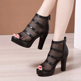 Thick-Heeled Sandals Women's 2023 Summer New Net Gauze Fish Mouth Shoes Women's Waterproof Table Hollowed-Out Roman