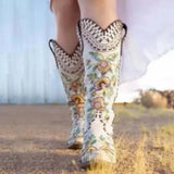 High Quality Shoes Woman Big Size 34-43 Embroider Vintage Westren Boots Square Toe Mid-calf Chunky Heels