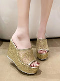 Golden Women Slippers Summer Shoes Platform(4cm) Outside Fitting-room 11cm High Heels Wedges Solid Mesh Female
