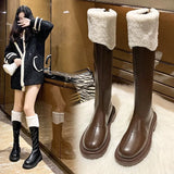 Winter Platform Boots Leather Fur Boots Thigh High Flat Boots Black White Botas Knee High Shoes Goth Punk Riding