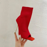 Spring Square Peep Toe Stretch Fabric Knitting Ankle Sock Boots Women Fashion Thin High Heels Dance Shoes Botas Beige
