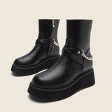 Chain Leather Boots Women Handmade High Quality Platform Chelsea Boots Wedge Heel Zip Comfortable Autumn
