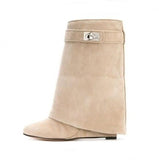 Suede Shark Lock Boots Pointed Toe Height Increasing Women's Ankle Winter Runway Boots Size 10 Sexy Woman Ankle