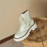 Women Genuine Leather Motorcycle Boots Platform Thick Heel Round Toe Shoes Med Heel Lace Up Ladies Boots Autumn