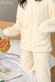 Pajama Sets Women Solid Warm Thick Long Sleeve Zip-up Coral Fleece Comfort Sleepwear Elastic Waist Loose Soft Elegant