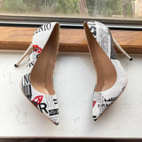 Graphic Print Women White Pointy Toe High Heel Dress Shoes Sexy Ladies Slip On Designer Stiletto Pumps Big Size 43 44
