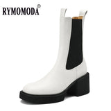 Boots Women 2022 Winter Split Cow Leather Chunky Heel Black Mid-calf Ladies Platform Bootie Handmade High Quality