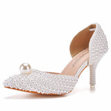 Queen White Pearl Wedding Shoes Bride High Heels Sandals Pointed Toe Pumps Ladies Party Ankle Strap