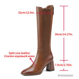 High Boots Women 2022 Winter Warm Handmade High Quality Split Cow Leather ZIP Brown Black Block High Heels Long Boot