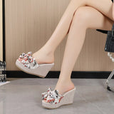 Women Wedges Platform High Heels Beach Slippers Bow Thick Slides 2023 Summer Fashion Pumps Women Shoes Dress Flip