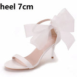 Queen Woman Sweet Bow Knot Elegant Ankle Strap Party Sandals Black Thin High Heels White Wedding Shoes Open