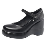 Breakj Head 8CM High-Slope And Waterproof Table Single Shoe Round Head Buckle Loose Cake Thick-Soled Mother Shoes Flat Bottom Shallow Women's
