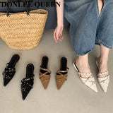 Pointed Toe Flat Heel Mules Shoes Women Closed Toe Outdoor Slippers Elegant Slide Narrow Band Sandal Brand Rivet