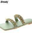 Women Summer Slides Chain Decorative Flip Flops Outdoor Sexy Casual Sandals Female Square Heel Slippers Plus Size