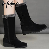 Winter Snow Boots Women's Plush Thickened Medium Boots Warm Cotton Boots Side Zipper Thickened Plush Bota De