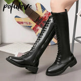 Thigh High Leather Boots Flat Gothic Shoes Women Fall Winter Shoes Fur Boots Over The Knee Boots Black White