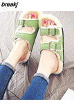 Unisex Plush Cork Slippers 2023 Women Casual Double Buckle Nubuck Leather Non-slip Men Outside Slides