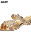 New 2023 Rhinestone Slippers Ladies Chunky Heels Hollow Casual Slippers Fashion Beach Shoes Woman Sandalias De