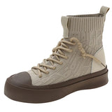 Knitting Platform Ankle Boots Women Spring Autumn Thick Bottom Casual Shoes Women Patchwork Lace Up Short Booties