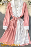 New Spring Summer Striped Print Patchwork Long Sleeve Shirt Dress Women Casual Buttons Lace-up Sash A-line OL Work