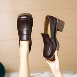 Women Heels Oxford Med Chunky Heel Pumps Shoes Retro Square Toe Slip On Leather England Style Spring Loafer Oxford