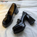 lolita shoes Chunky Platform shoes Loafers Heel Patent Leather Slip On Casual Shoes Women Lady Office Shoes black