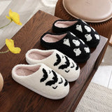 Bat Embroidered Cotton Slippers Ghost Indoor Home Shoes for Women Plus Size Warm Plush Slippers Soft Flat Shoes