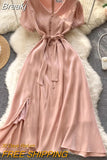 Chic Summer Dress for Women Solid V-neck Short Sleeve Elegant Dress Sash Lace-up A-line Split Midi Party Dress