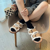 Winter Women Buckle Fluffy Slipper Casual Fashion Platform Soft Artificial Fur Slides