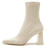 Quality Socks Short Boots Women Solid Knitting Boots Stretch Sock Mid-calf Boots Party Square High Heels Sexy Ankle