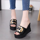Breakj Summer New Wedge Sandals Platform Platform Shoes High Heel Fish Mouth Cool Drag A Word Drag Sequins Female Slippers To