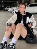 Cotton Women Pocket Jacket Patchwork Baseball Long Sleeve Button Letter embroidery Harajuku Fashion Autumn Jacket