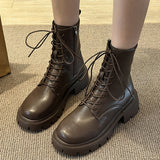 PU Leather Ankle Boots for Women Thick Heels Platform Combat Booties Woman 2023 Autumn Fashion Lace Up Motorcycle
