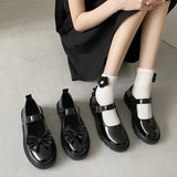 Breakj Sweet Bows Black Small Leather Shoes 2024 Round Head Light Mouth Buckle Low Heel Mary Jane Single
