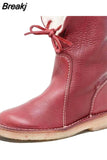 2023 Women Winter Mid Calf Boots Leather Snow Boots Lace Up Plush Fur Warm Slip-on Ladies Shoes Square Heel Short