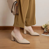 Newest Women's Leather Thick Heel Single Shoes Ladies Pointed Toe Shallow High Heels Work Pumps Eu 35-41 Black