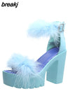 Furry Sandals High Heels with Fur Female Platform Pumps Women Ankle Strap Women's Wedge Shoes 2023