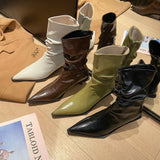 Black Leather Women Ankle Boots Thin Mid Heels Stretch Booties Back Zipper Pointed Toe Fold Design Elegant Winter
