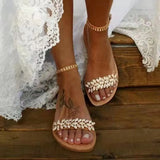 Flat Sandals Women Bohemian Style Shoes Casual 2023 Beach Wedding Sandals Shoes Plus Size Rhinestone Open