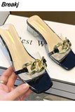 Chain Mules for Women Square Head Slip on Flip Flops Women Slipper Summer Sandal Women's Shoe Solid