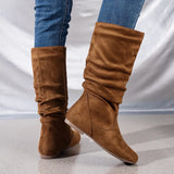 Breakj Mid-Size Boots Women 2024 Autumn And Winter Pure Color Velvet West Knight Boots Round Head Flat And Pile