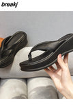 Size 34-40 Women Real Leather Slippers Platform Sandals High Heel Leisure Flip Flops Summer Flat Beach Shoes