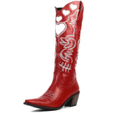 Cowboy Wesetrn Boots For Women 2022 Heart Pointed Toe Floral Embroidery Chunky Heel Knee High Vintage Riding