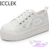 Women Shoes Fashion Summer Casual Shoes White Sneakers Cutouts Lace Canvas Hollow Breathable Platform Sneakers Tenis